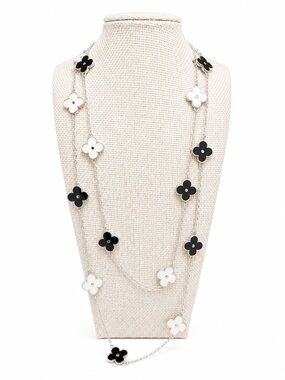 Zoetik Black White Clover Quatrefoil Long Station Necklace Preppy Chic